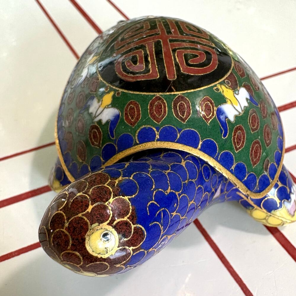 Vintage Chinese Cloisonné Turtle Trinket Box Blue Enamel Brass 4.5”